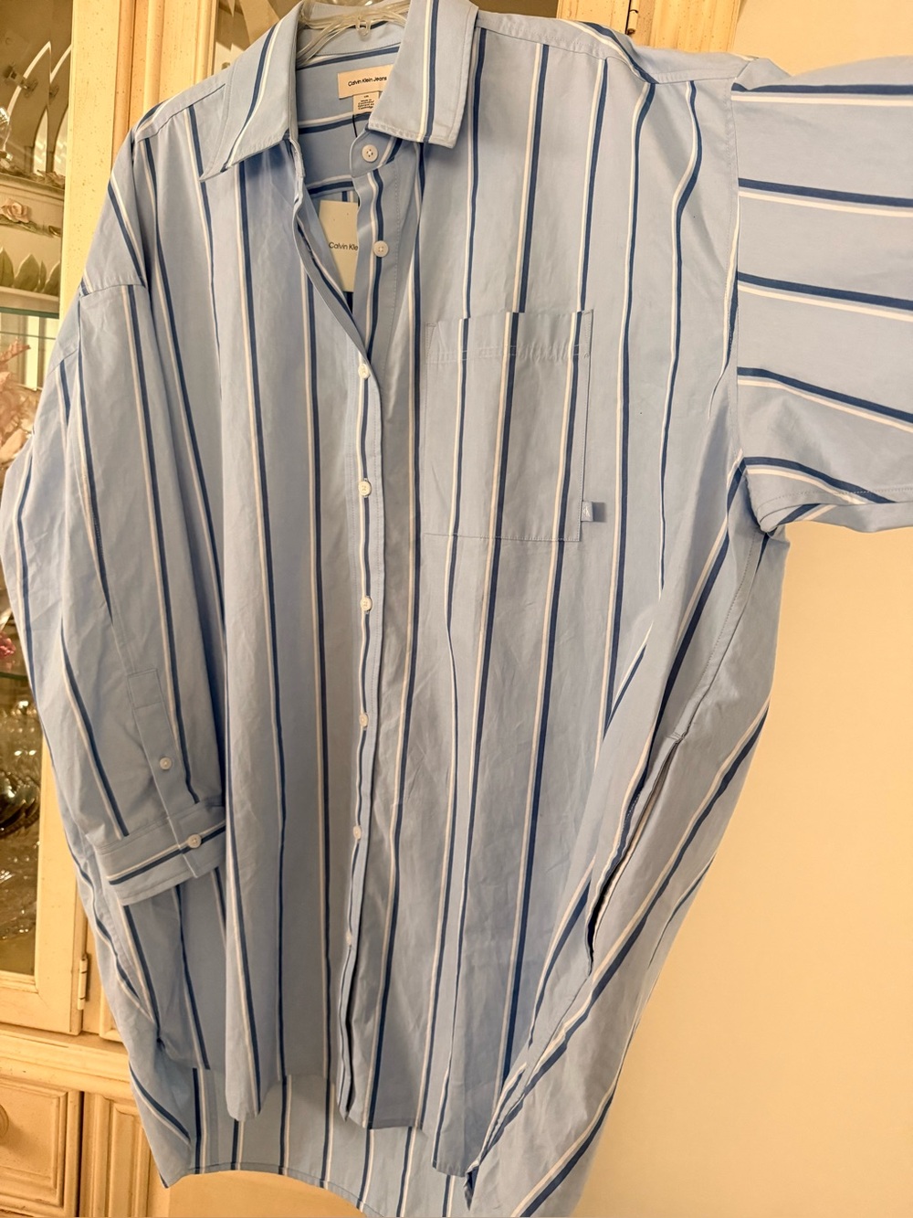 New 💙Calvin Klein Light Blue and Navy Striped Shirt Dress size L - Picture 13 of 14